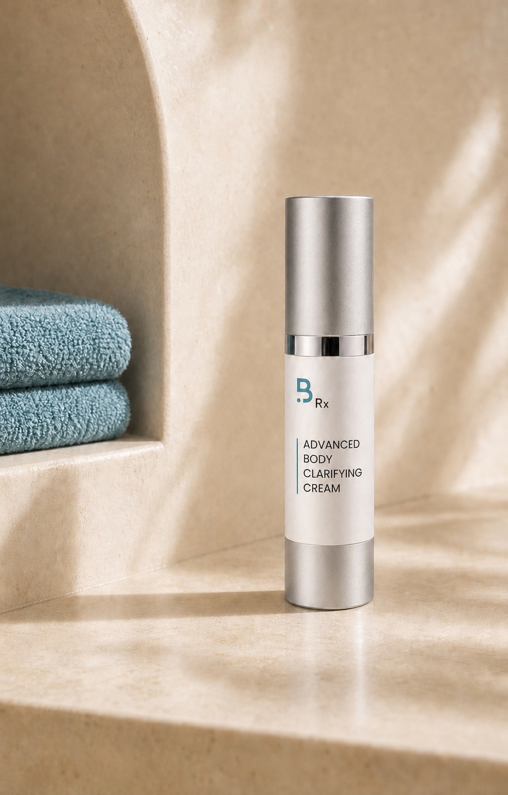 Advanced Body Clarifying Cream packaging mockup in a bathroom setting