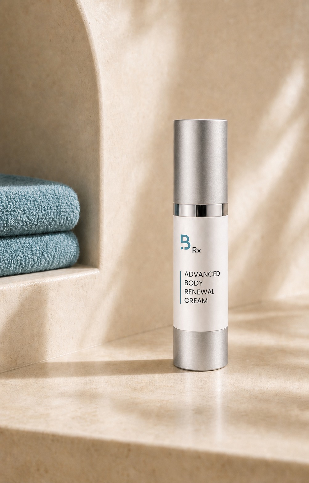 Advanced Body Renewal Cream packaging mockup in a bathroom setting