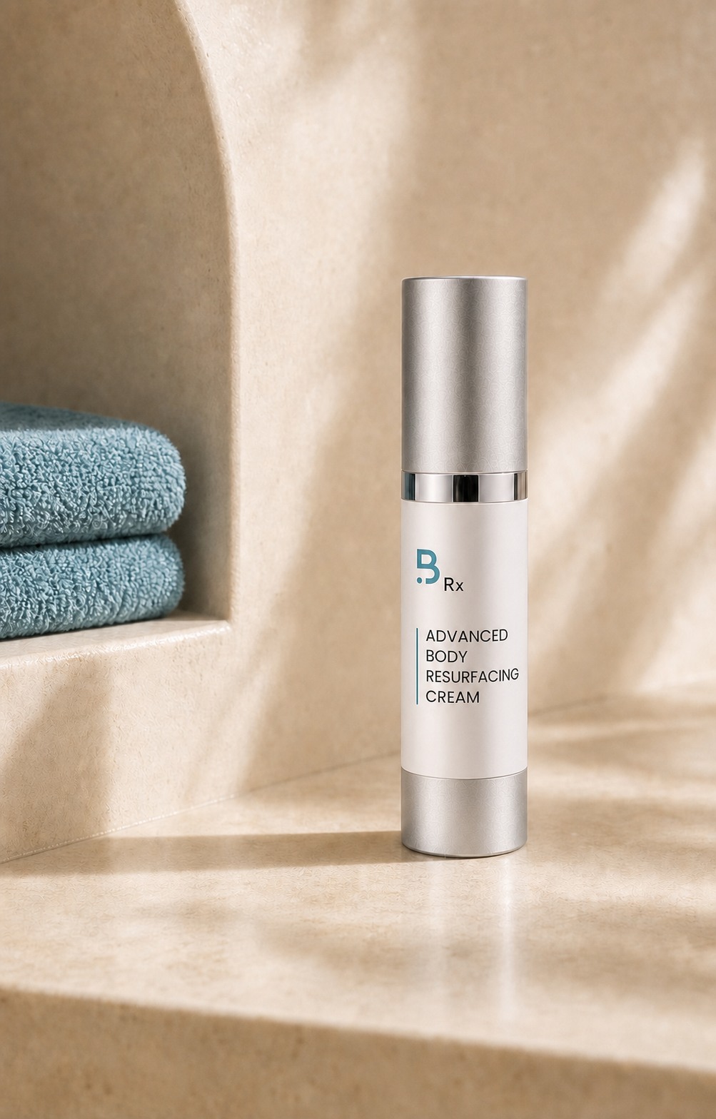 Advanced Body Resurfacing Cream packaging mockup in a bathroom setting